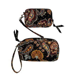 Vintage 2 Vera Bradley Quilted Brown Blue Paisley Flowal Wristlet Pockets Purses